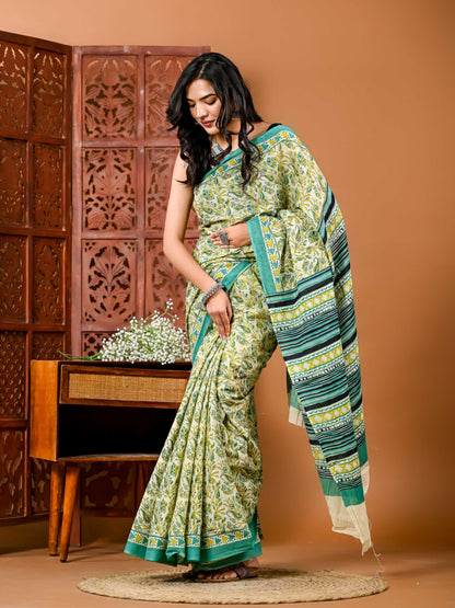 Sunshine & Elegance: Floral Cotton Saree with Matching Blouse