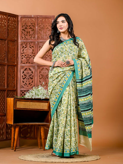 Sunshine & Elegance: Floral Cotton Saree with Matching Blouse