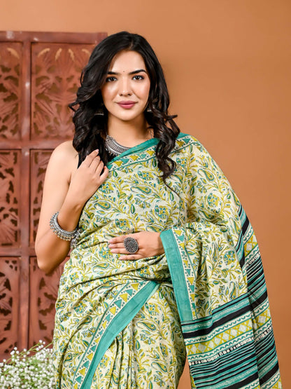 Sunshine & Elegance: Floral Cotton Saree with Matching Blouse