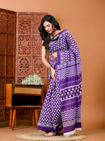 Violet Blossom Elegance Cotton Saree with Matching Blouse