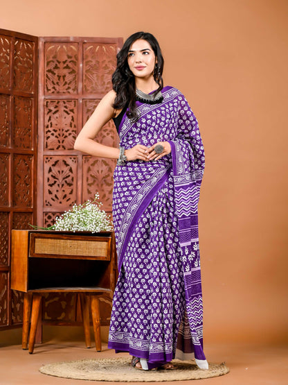 Violet Blossom Elegance Cotton Saree with Matching Blouse