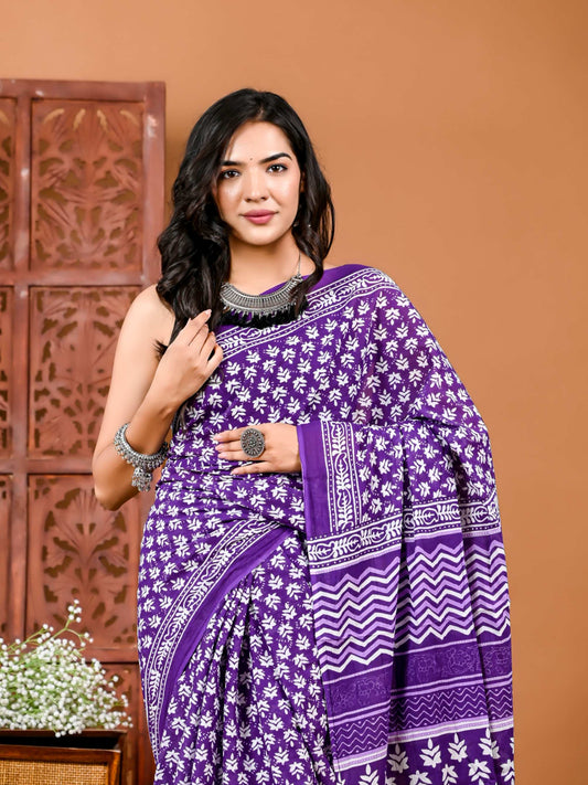 Violet Blossom Elegance Cotton Saree with Matching Blouse