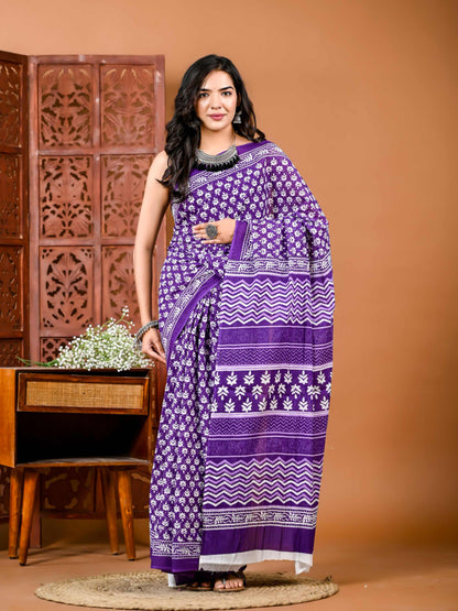 Violet Blossom Elegance Cotton Saree with Matching Blouse