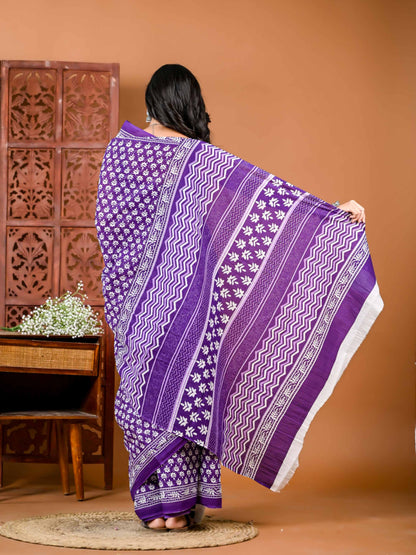 Violet Blossom Elegance Cotton Saree with Matching Blouse