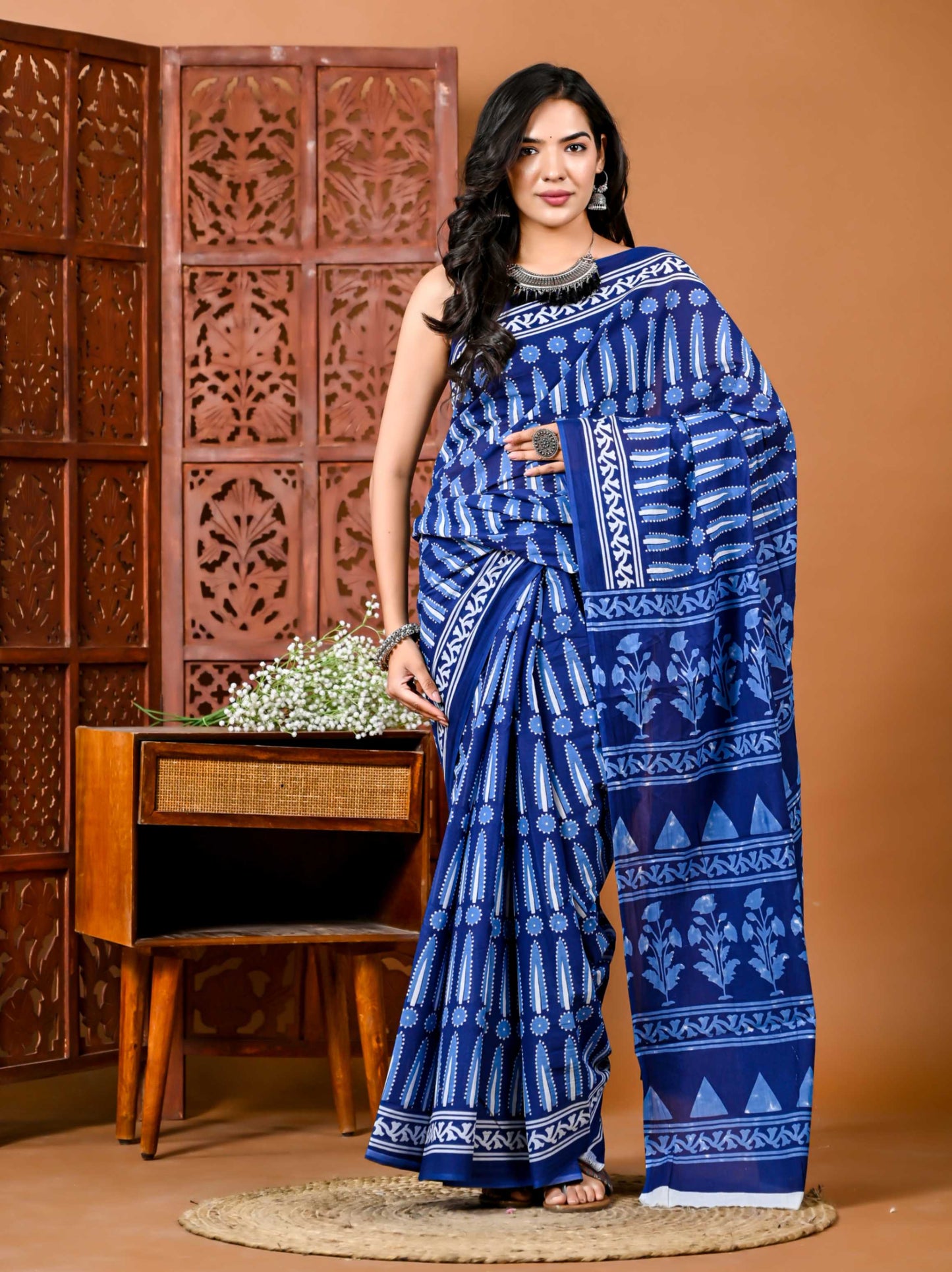 Midnight Bloom deep blue Cotton Saree with Matching Blouse