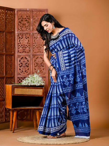 Midnight Bloom deep blue Cotton Saree with Matching Blouse