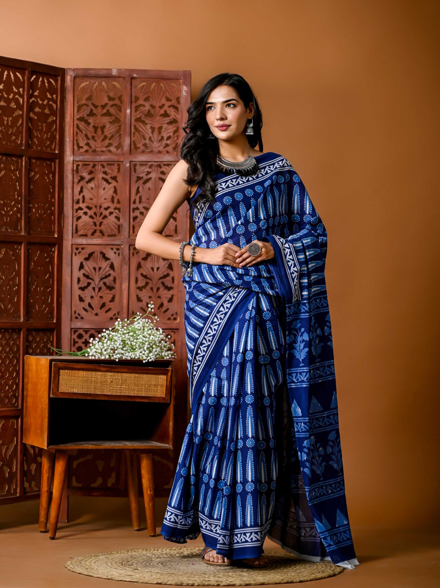 Midnight Bloom deep blue Cotton Saree with Matching Blouse