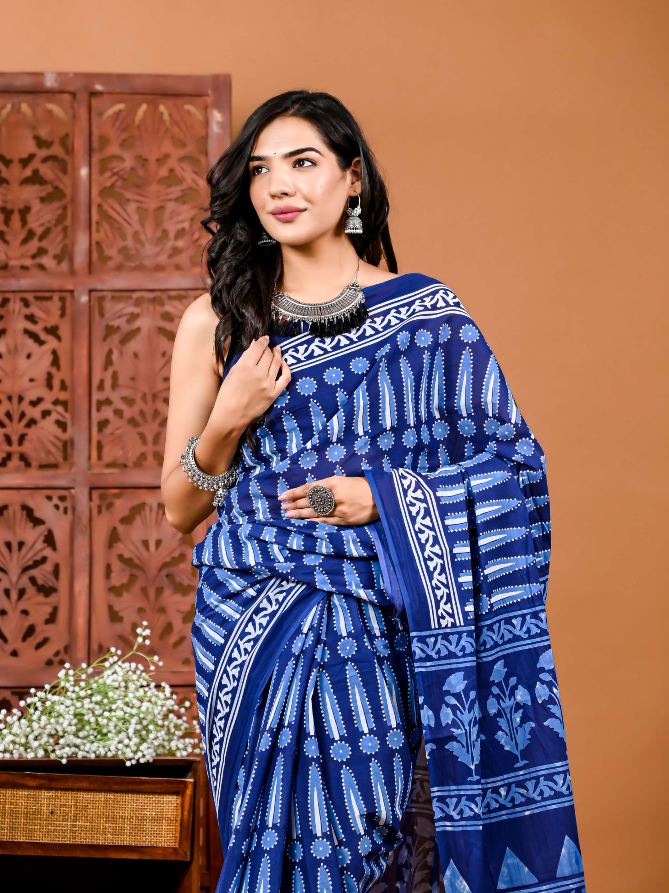 Midnight Bloom deep blue Cotton Saree with Matching Blouse