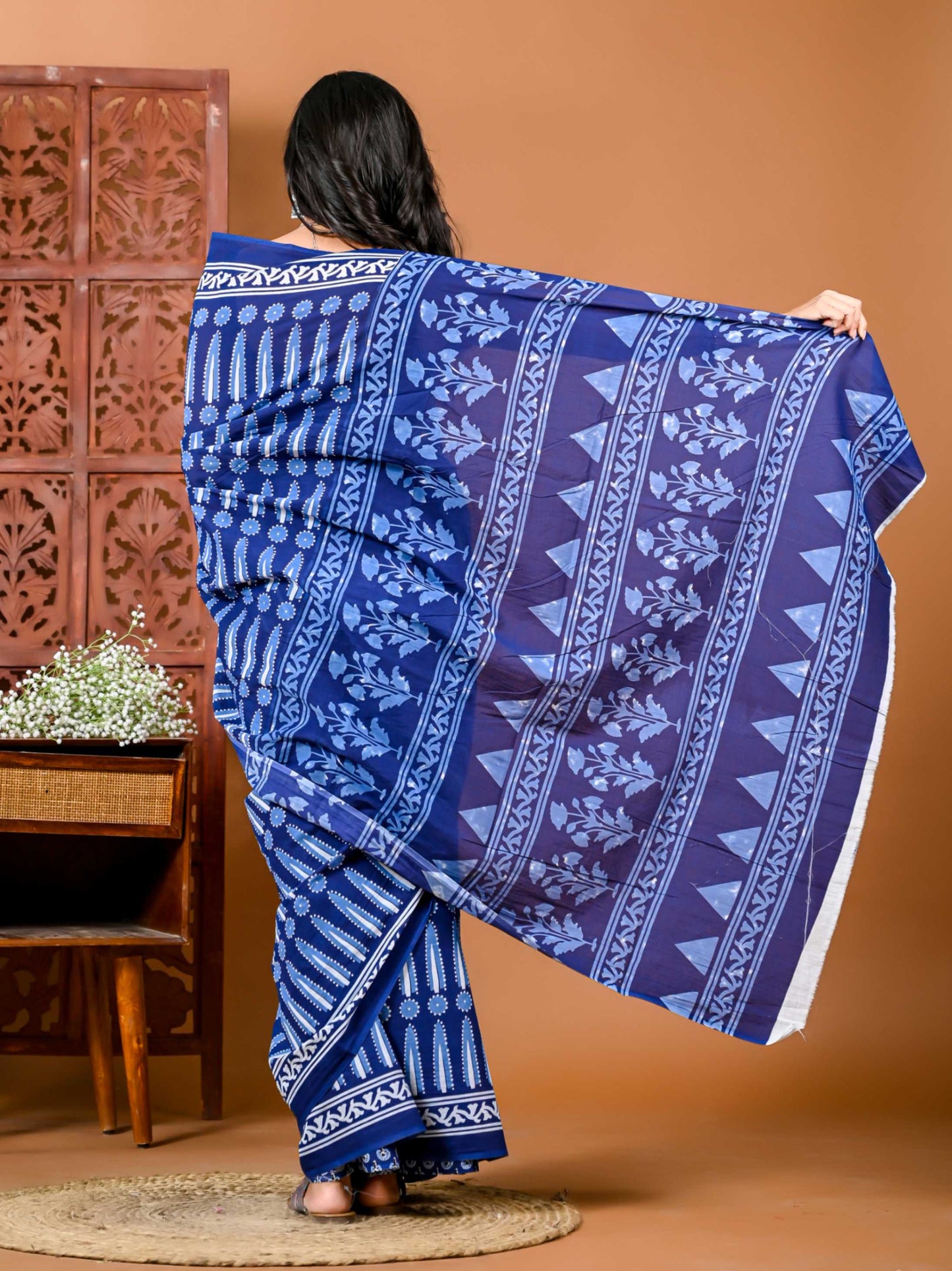 Midnight Bloom deep blue Cotton Saree with Matching Blouse