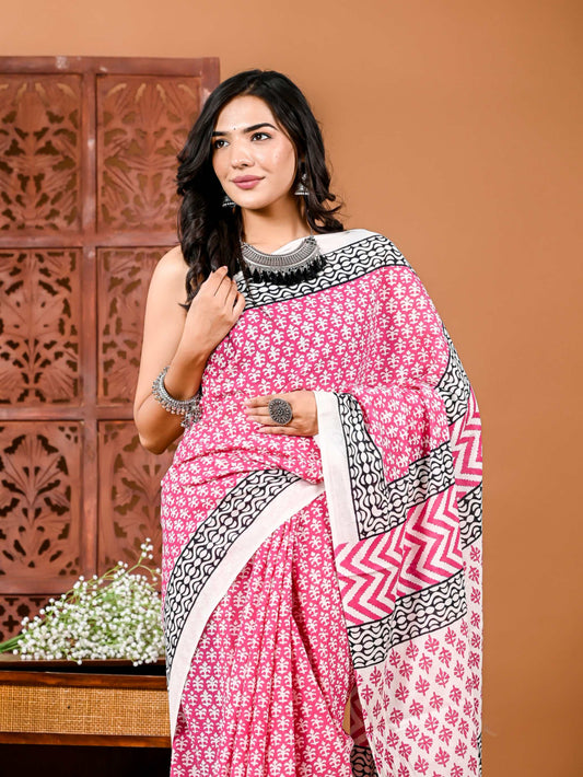 Pink Petal Charm Cotton Saree with Matching Blouse