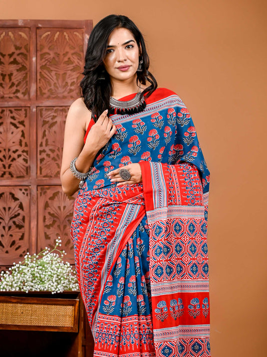 Crimson Indigo Delight Cotton Saree with Matching Blouse