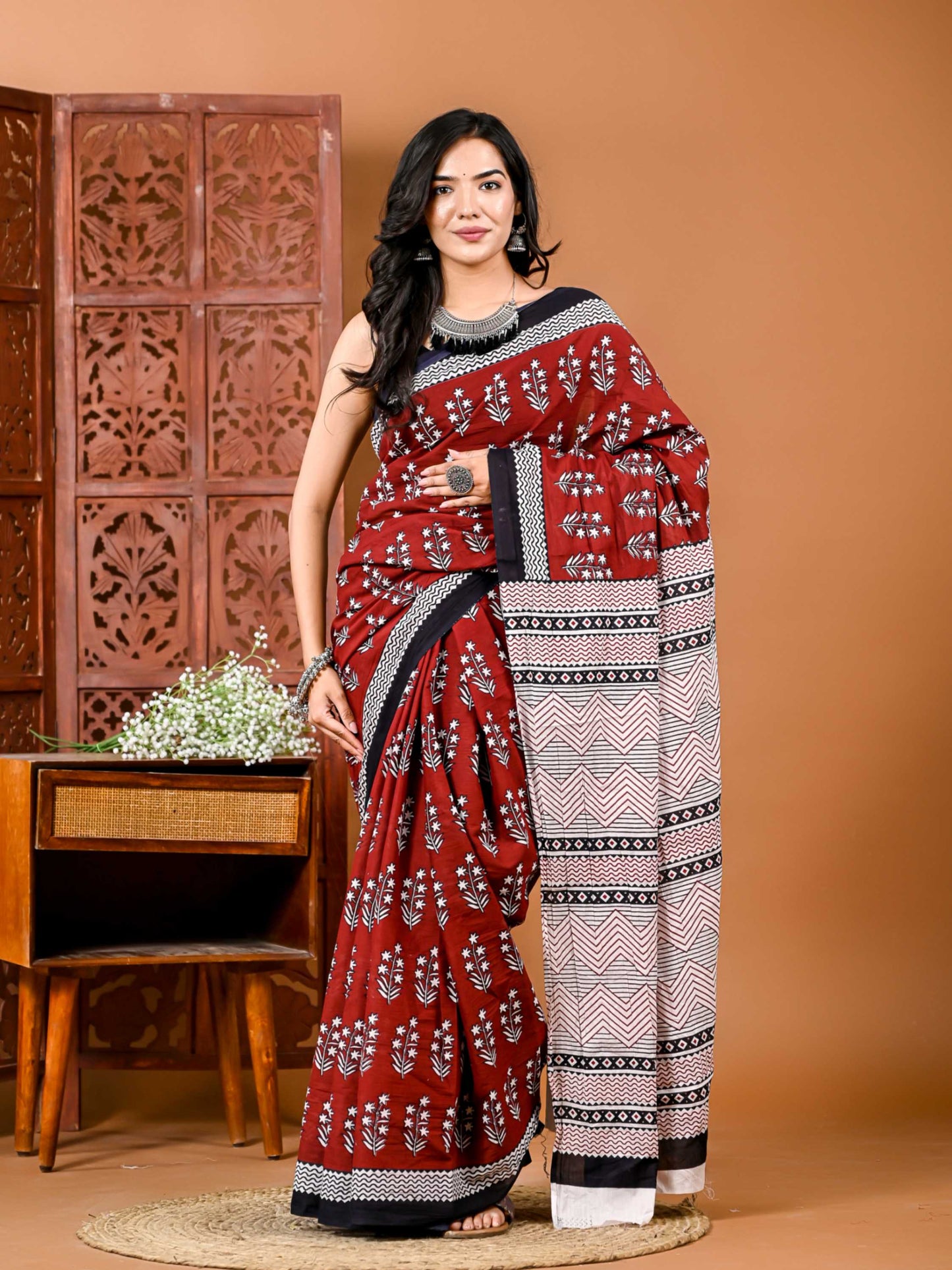 Maroon Meadow Cotton Saree with Matching Blouse