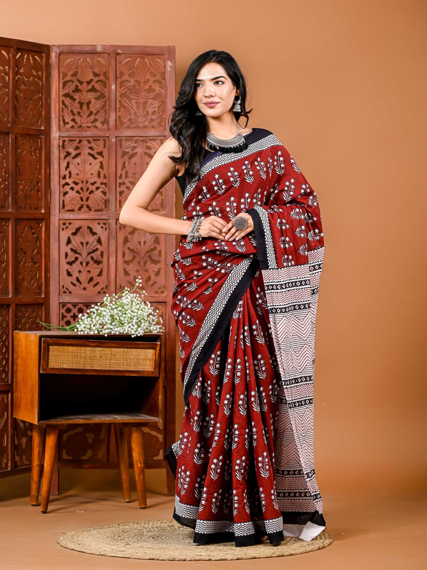 Maroon Meadow Cotton Saree with Matching Blouse