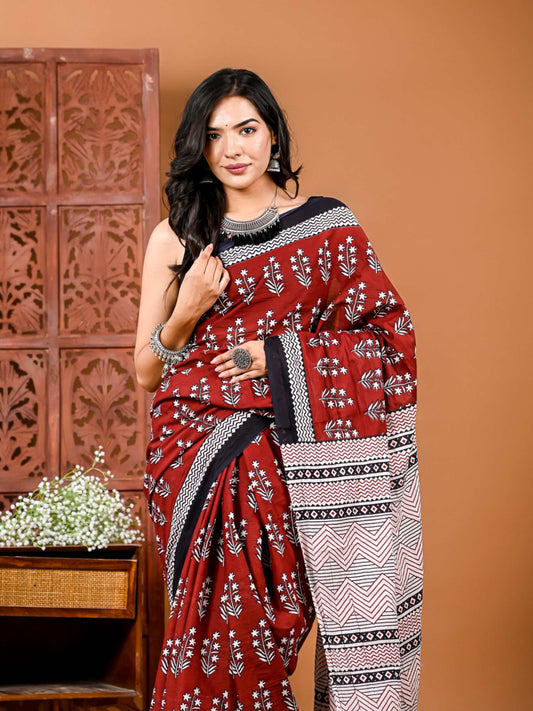 Maroon Meadow Cotton Saree with Matching Blouse